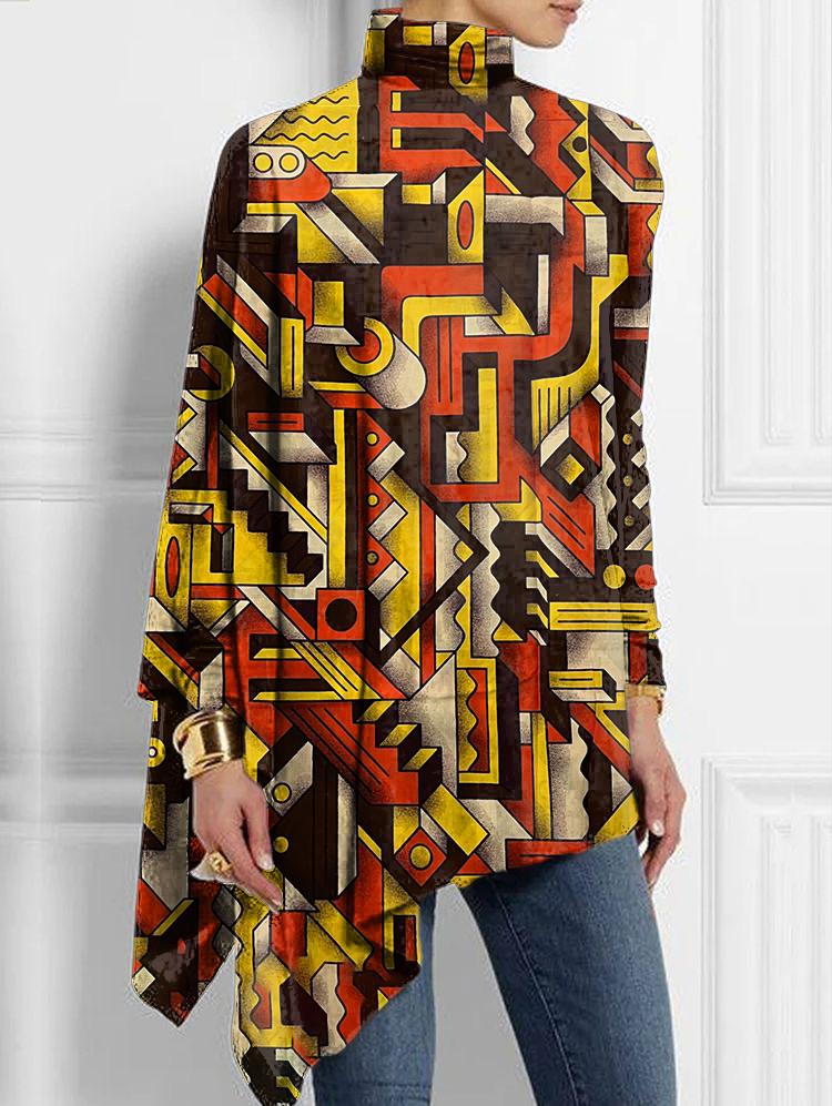Yellow Red Geometric African Print Half Turtleneck Hem Top