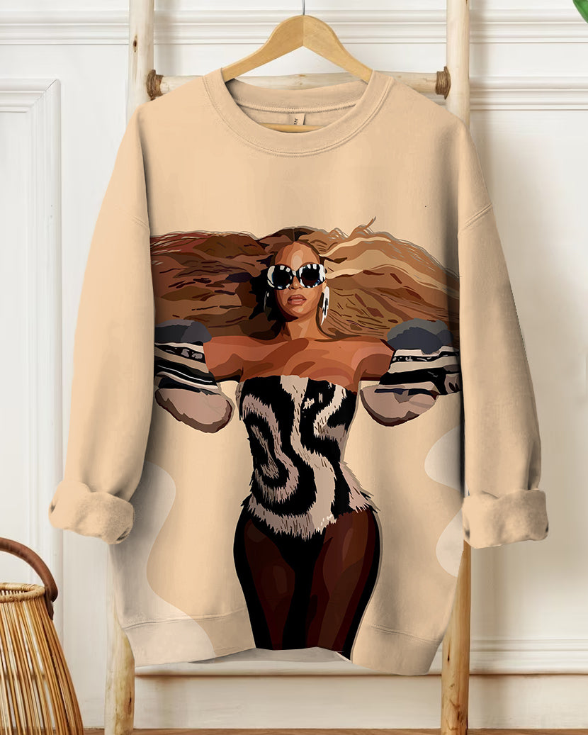 Women's Casual Fashion Female Singer Illustration Cartoon Prints Long-sleeved Sweatshirt