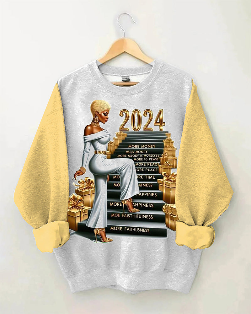 Black Girls 2024 Color-matching Crew-neck Long-sleeved Top