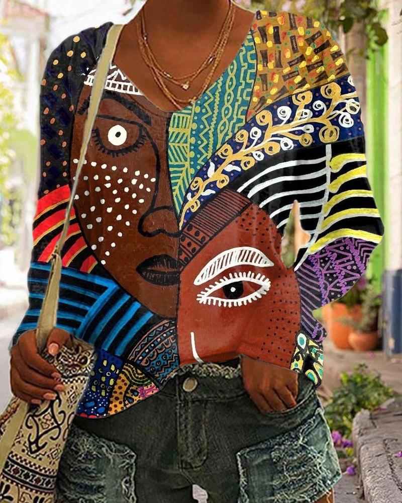 Ethnic personalized printed v-neck long-sleeved top