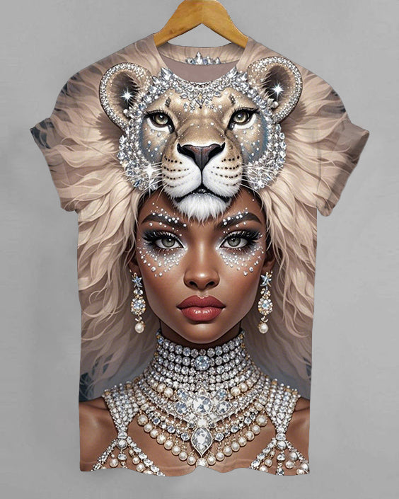 Lion Brown Girl Crew Neck Short Sleeve Tshirt