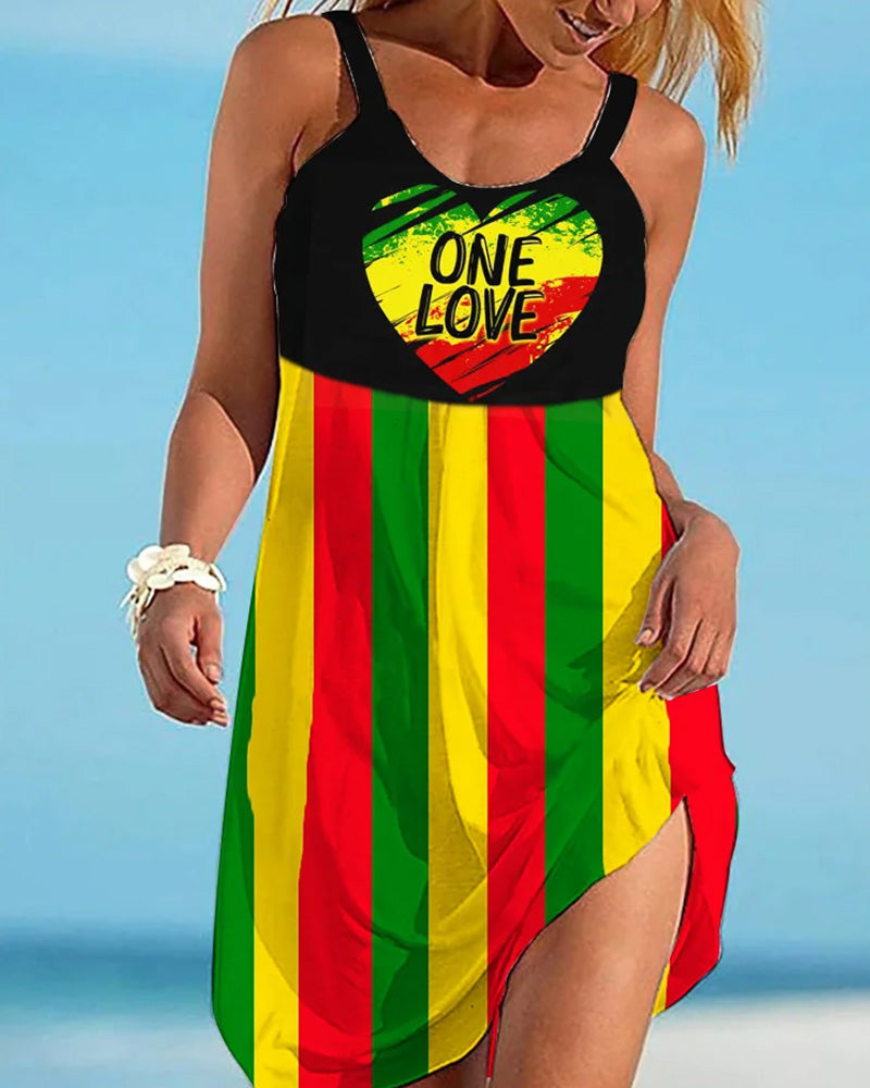 color contrast onelove printed neckless sleeveless dress