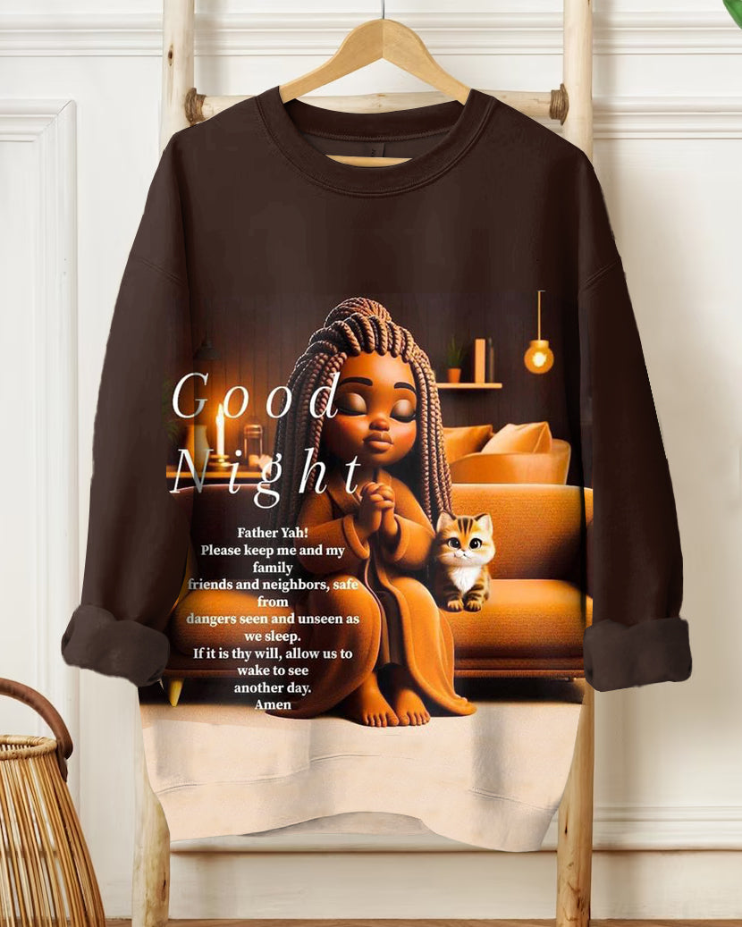 Pray Good Night Letter Cartoon Print Long Sleeve Sweatshirt