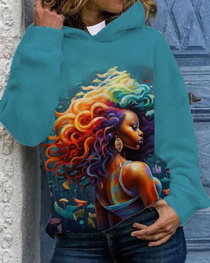 Women's Oil Painting Art Mermaid Retro Girls Long Sleeve Hoodie