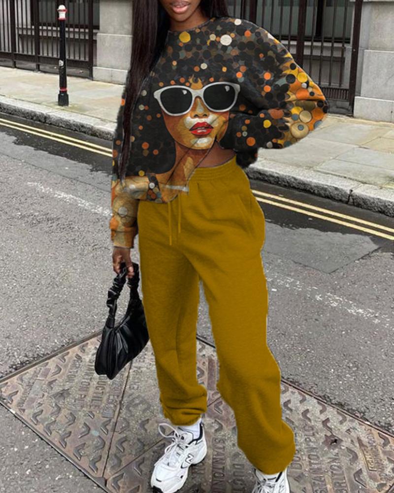 Black girl printed personalized casual loose round neck sweatshirt women's suit