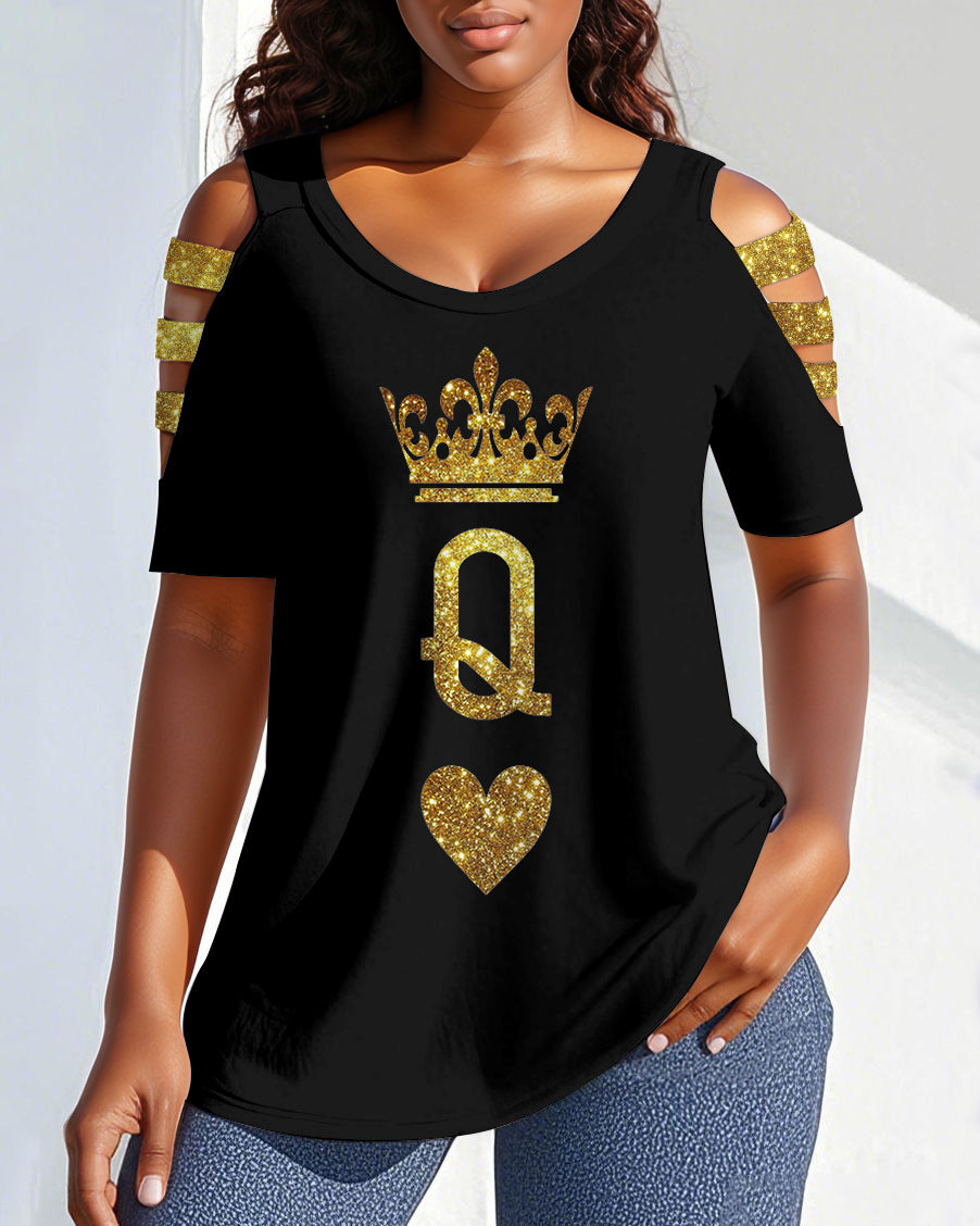 Golden Queen Round Neck Off-shoulder Short-sleeved T-shirt
