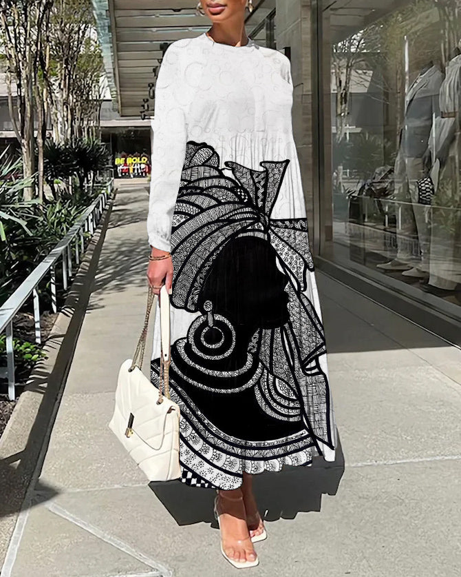 African Women Painting Print Long Sleeve Casual Dress