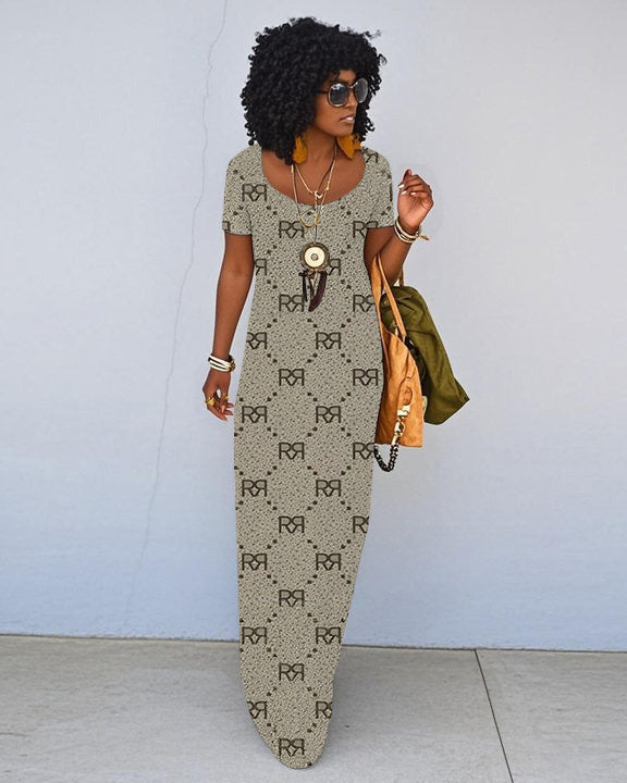 Arrangement Of R Letter Prints Short Sleeve Crew Neck Maxi Dress