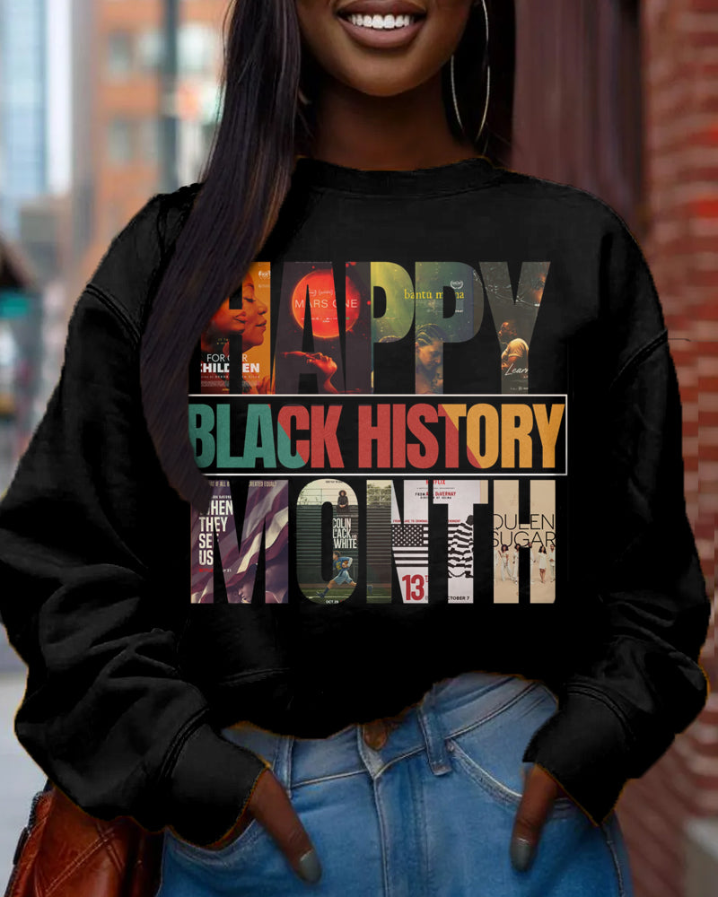 Black History Month Happy Print Crew Neck Top