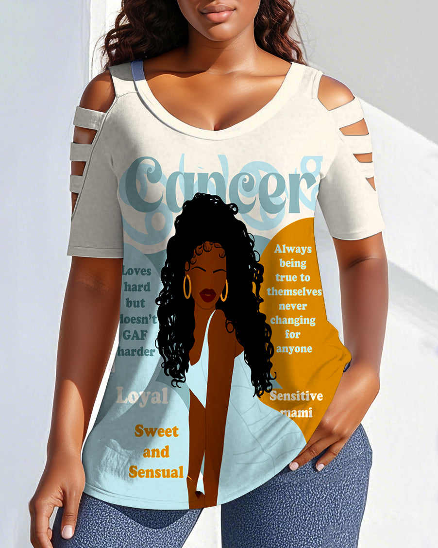 Cancer Girly Season Print Off-shoulder Short-sleeved T-shirt