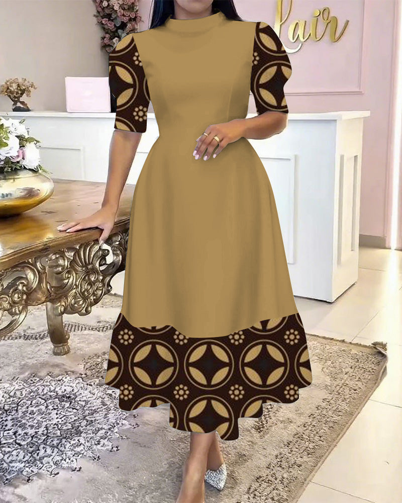 Geometric Patchwork Hem Puff-Sleeved Elegant Maxi Dress