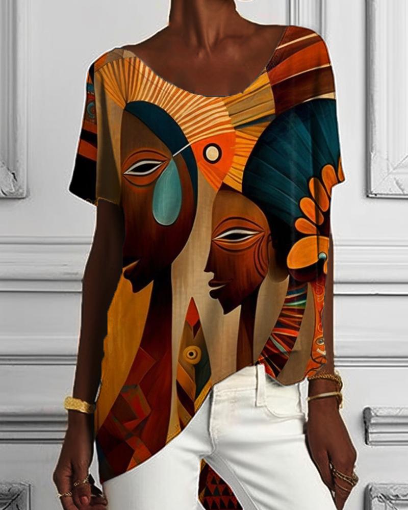 Black Indian Print Irregular Short Sleeve Top