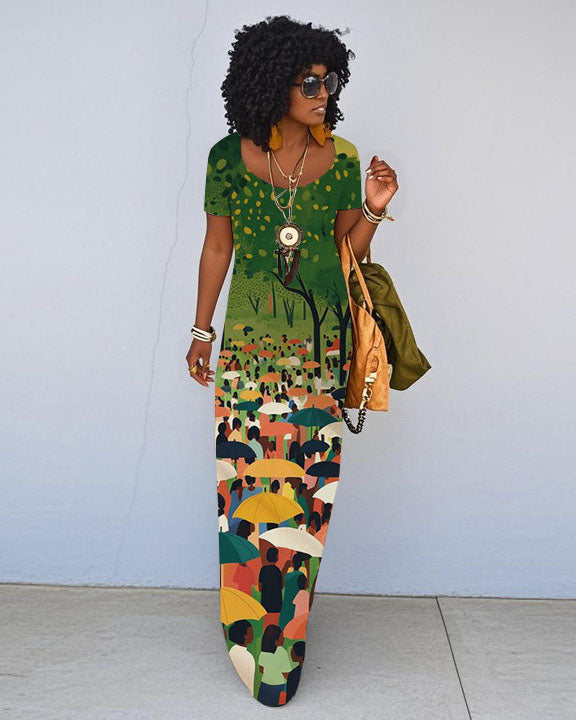 Black Art Print Short Sleeve Crew Neck Maxi Dress