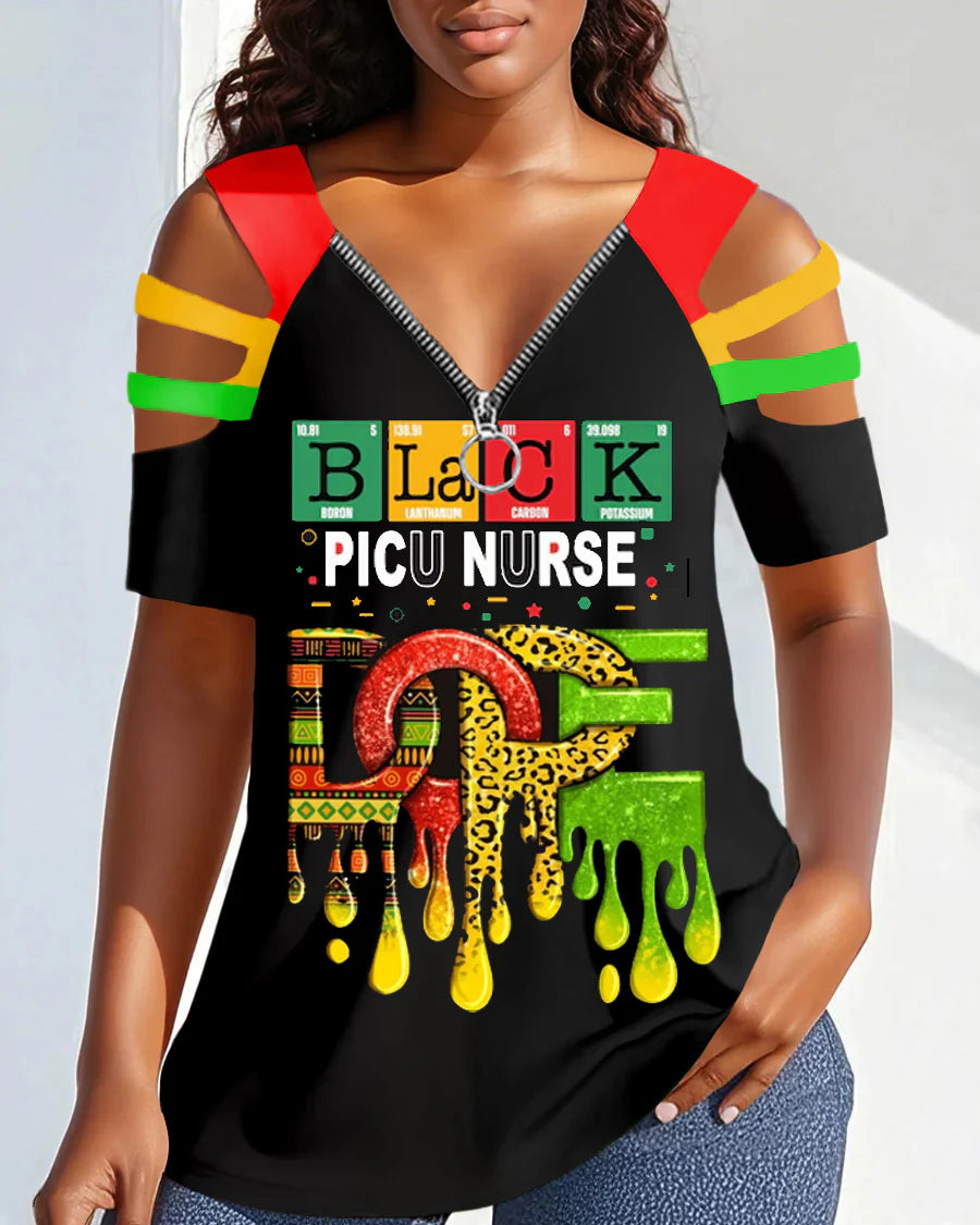 Back Dope Zipper V-Neck Short Sleeve Tshirt