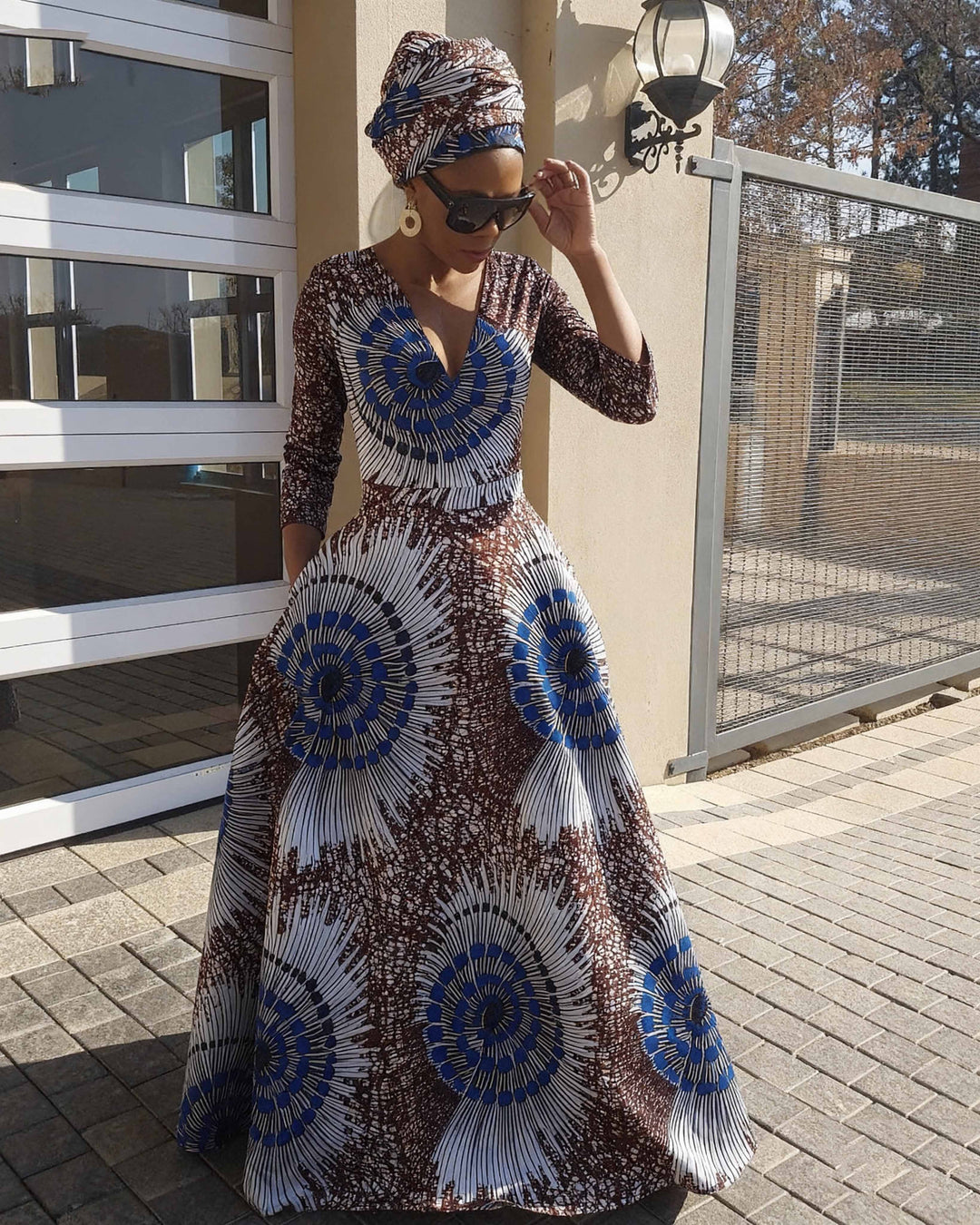 V Neck African Polka Dot Texture Long Sleeve Maxi Dress