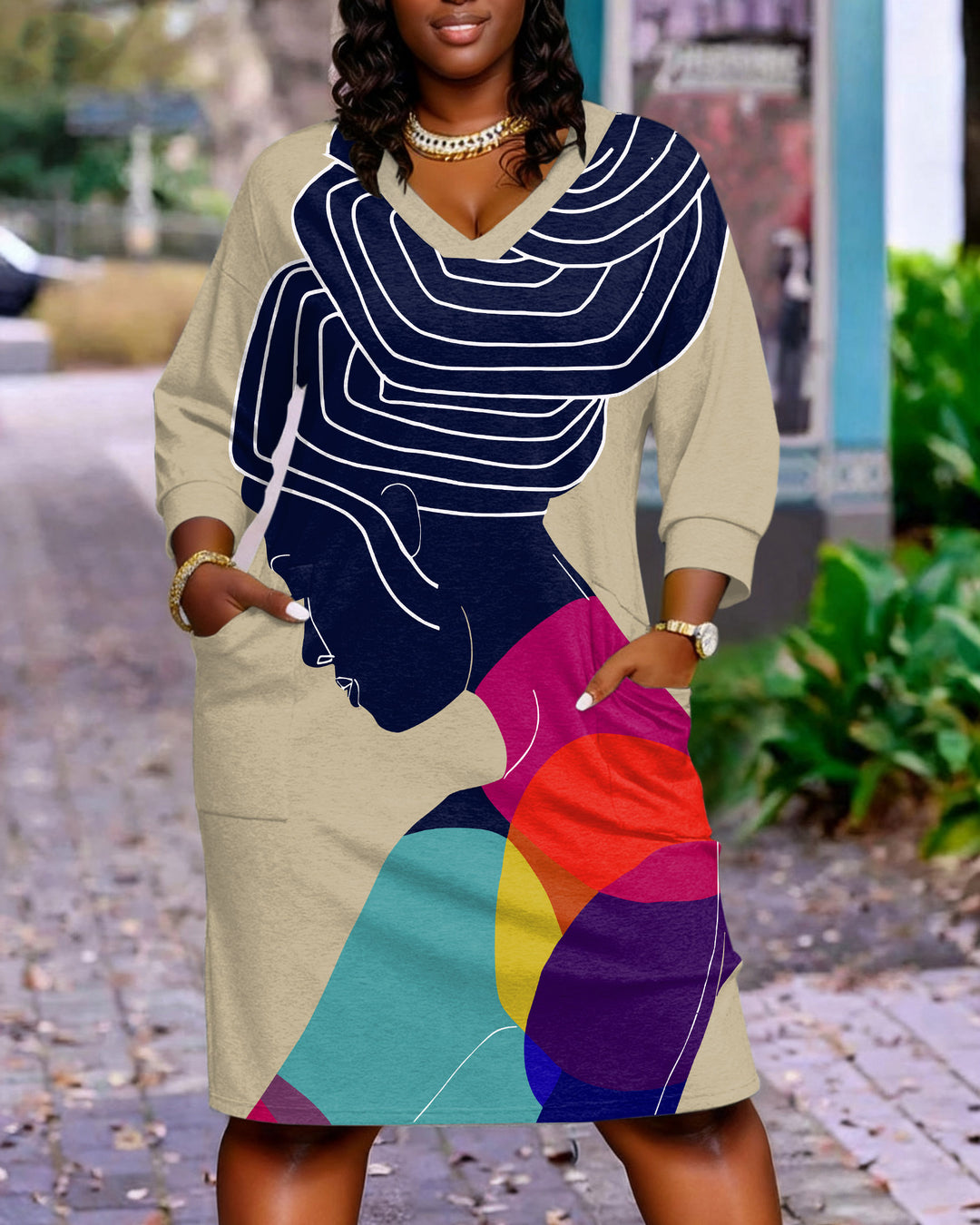 Women's Art Oil Painting Long Sleeve Casual V-neck Pocket Dress