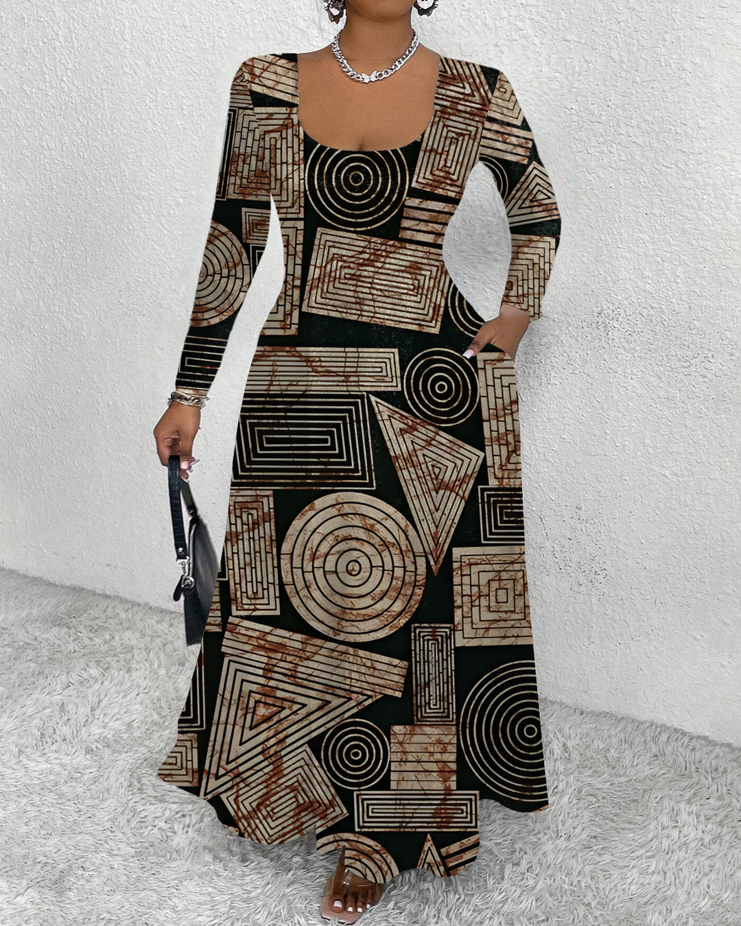 U-neck African Tribal Geometric Print Pocket Long Sleeves Maxi Dress