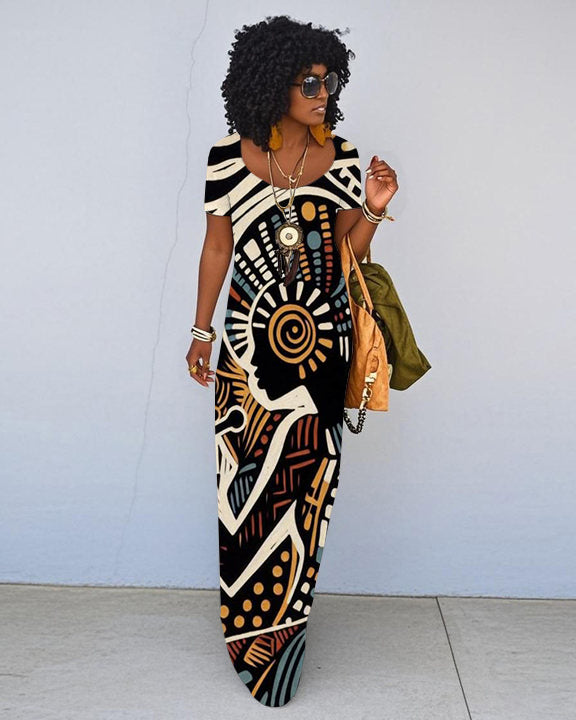 Ethnic Print Short Sleeve Crew Neck Maxi Dress