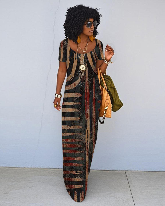 Retro Stripes Prints Short Sleeve Crewneck Maxi Dress