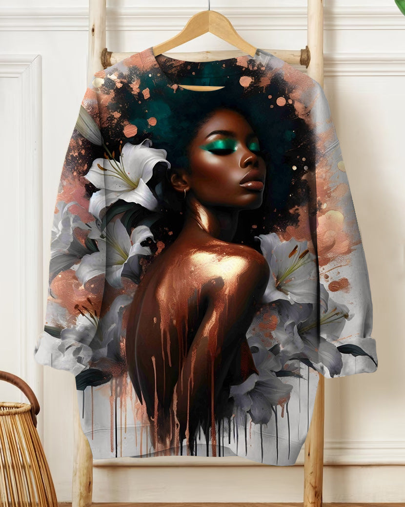 Art Portrait Illustration Printed Long-Sleeved Round-Neck Sweatshirt