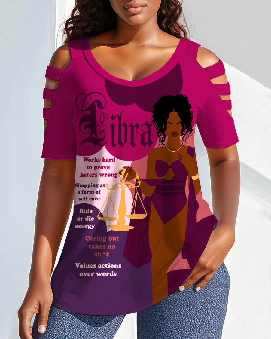 Libra Girly Season Print Off-shoulder Short-sleeved T-shirt