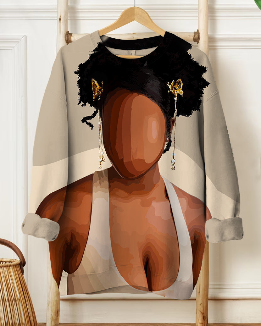 Fashion Casual Simple Expressionless Girl Print Crew Neck Long Sleeve Sweatshirt