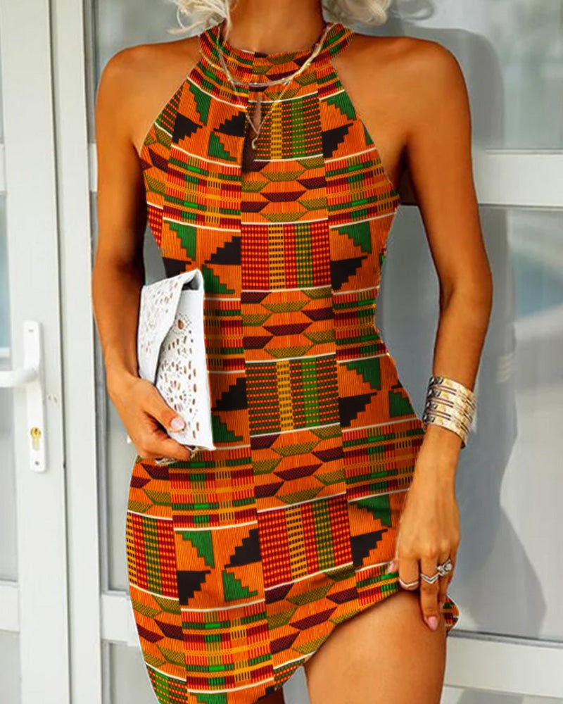 Contrast geometric print halterneck dress