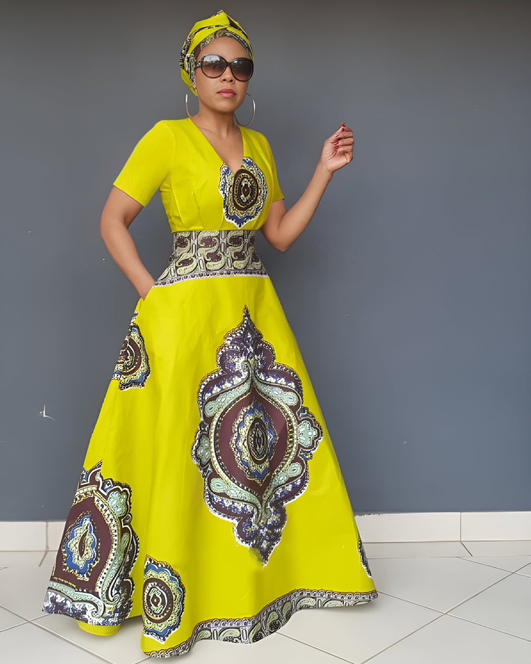 V Neck Ethnic Style Pattern Art Short Sleeve Maxi Dress