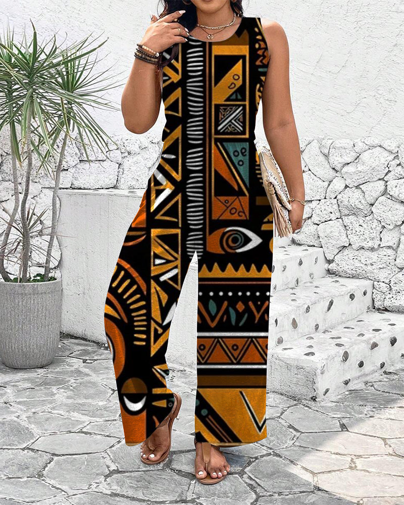 Ethnic Print Sleeveless Jumpsuit