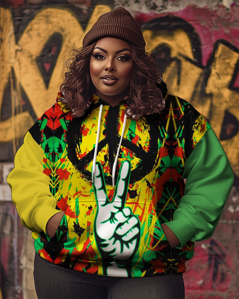 Women's Black Hippie Art Print Hooded Sweatshirt