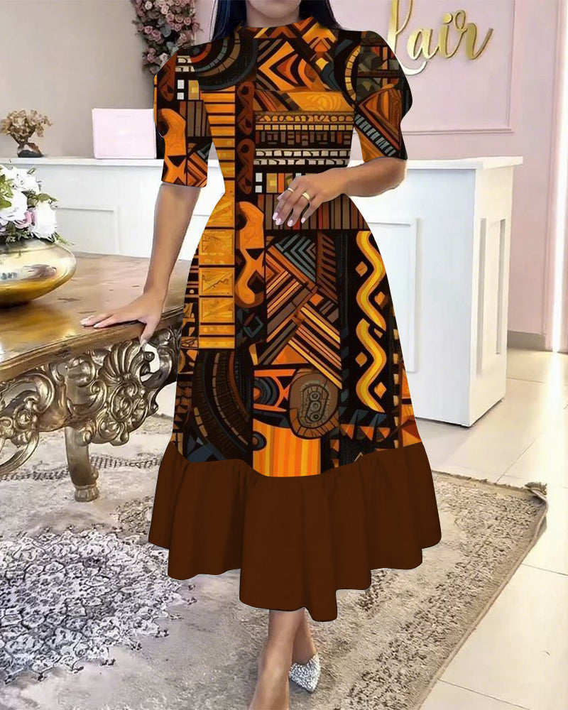 Ethnic Print Colorblock Hem Puff-Sleeved Elegant Maxi Dress