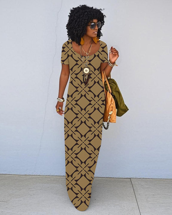 Chic Geometric Print Short Sleeve Crew Neck Maxi Dress