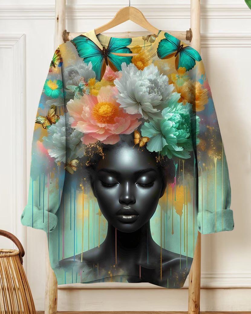 Art Portrait Illustration Printed Long-Sleeved Round-Neck Sweatshirt