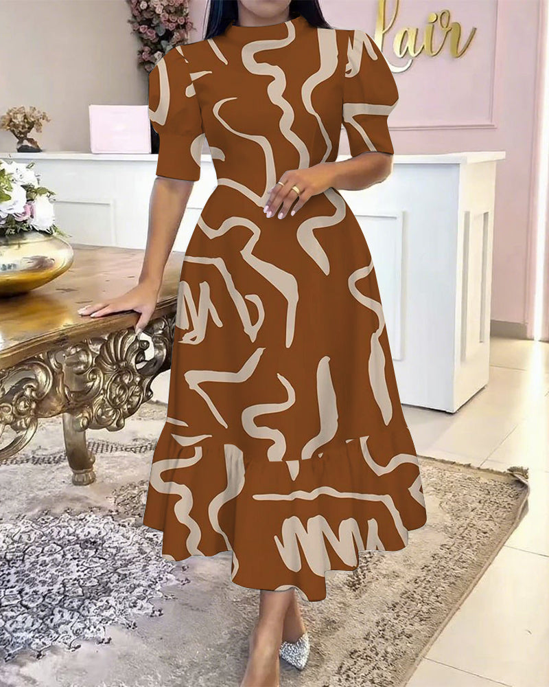 Ethnic Stripe Print Puff-Sleeved Elegant Maxi Dress