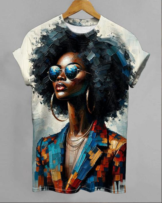Oil Painting Short Hair Black Girl Printed Short Sleeve T-shirt