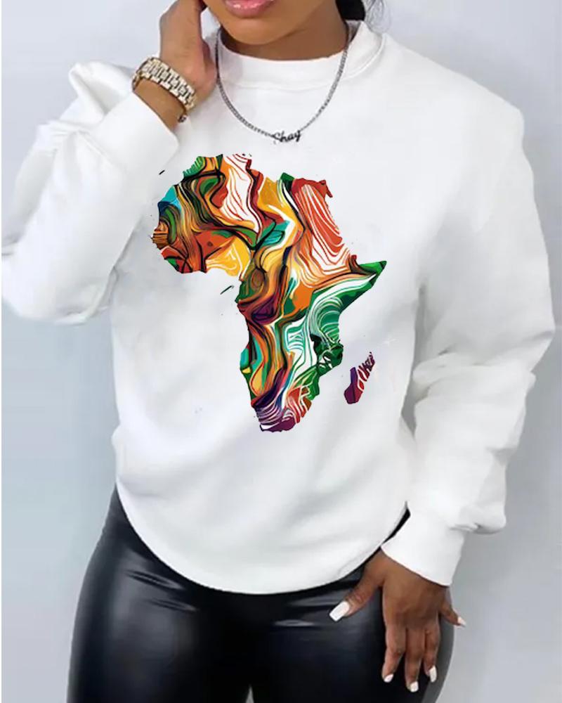Black flowing pattern map print round neck women's sweatshirt
