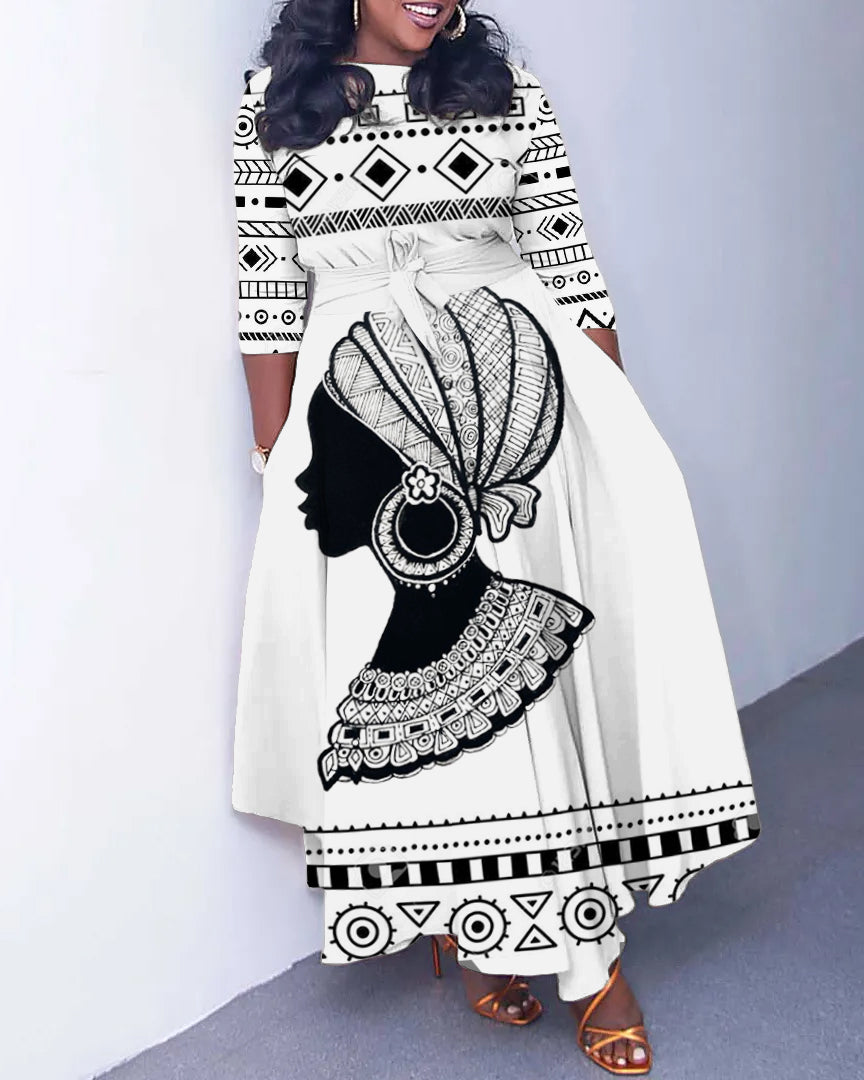 Tribal Women Geometric Patchwork Long Sleeve Pockets Maxi Dress