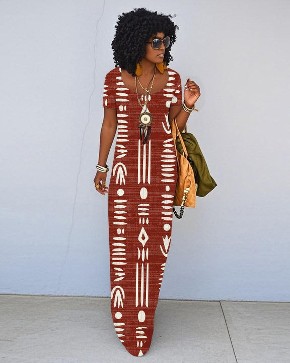 Ethnic Totem Prints Short Sleeve Crew Neck Maxi Dress