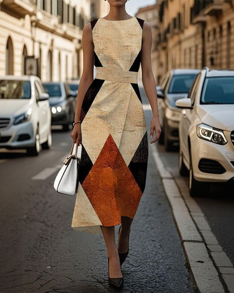 Geometric Colorblock Print Sleeveless Midi Dress