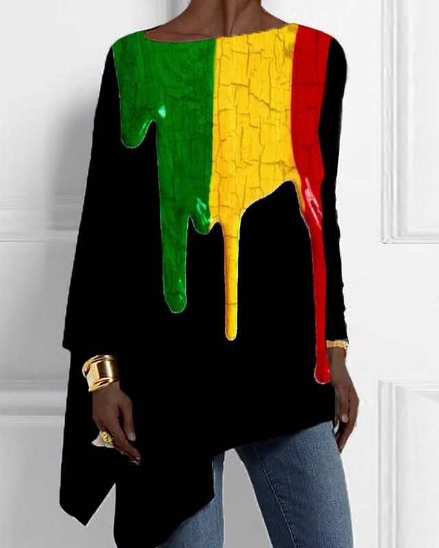 Black Pride Ink Print Patchwork Loose Hem Top
