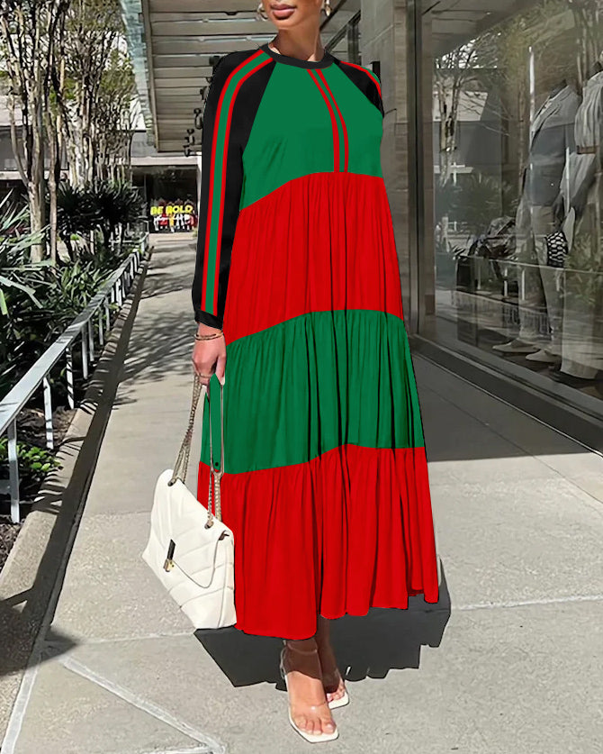 Stripe Contrast Long Sleeve Casual Dress
