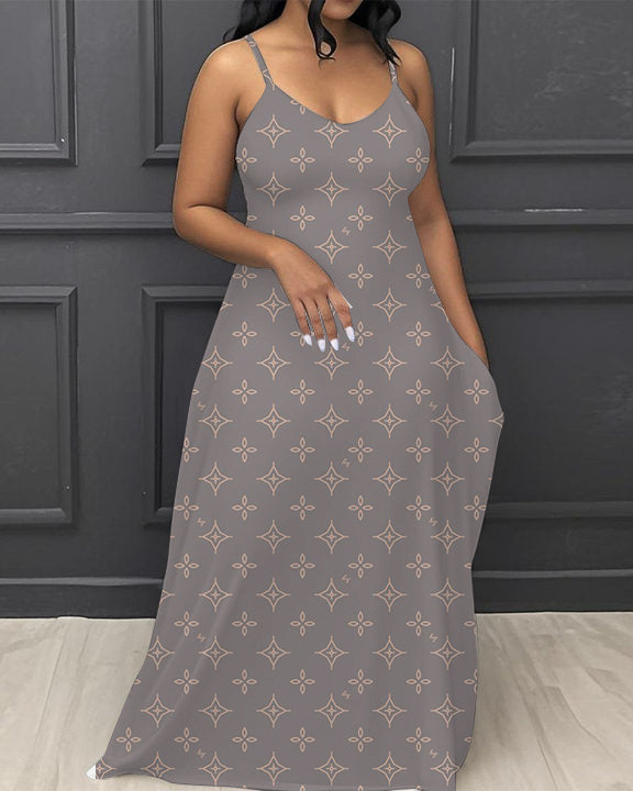 Simple Flower Pattern V-Neck Pocket Cami Dress