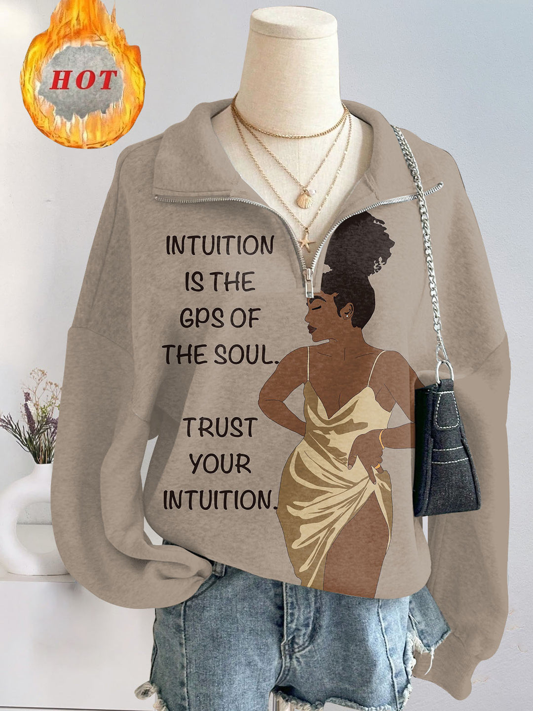 Trust Your Intuition Loose Split Zip-Up Long Sleeve Sweatshirt