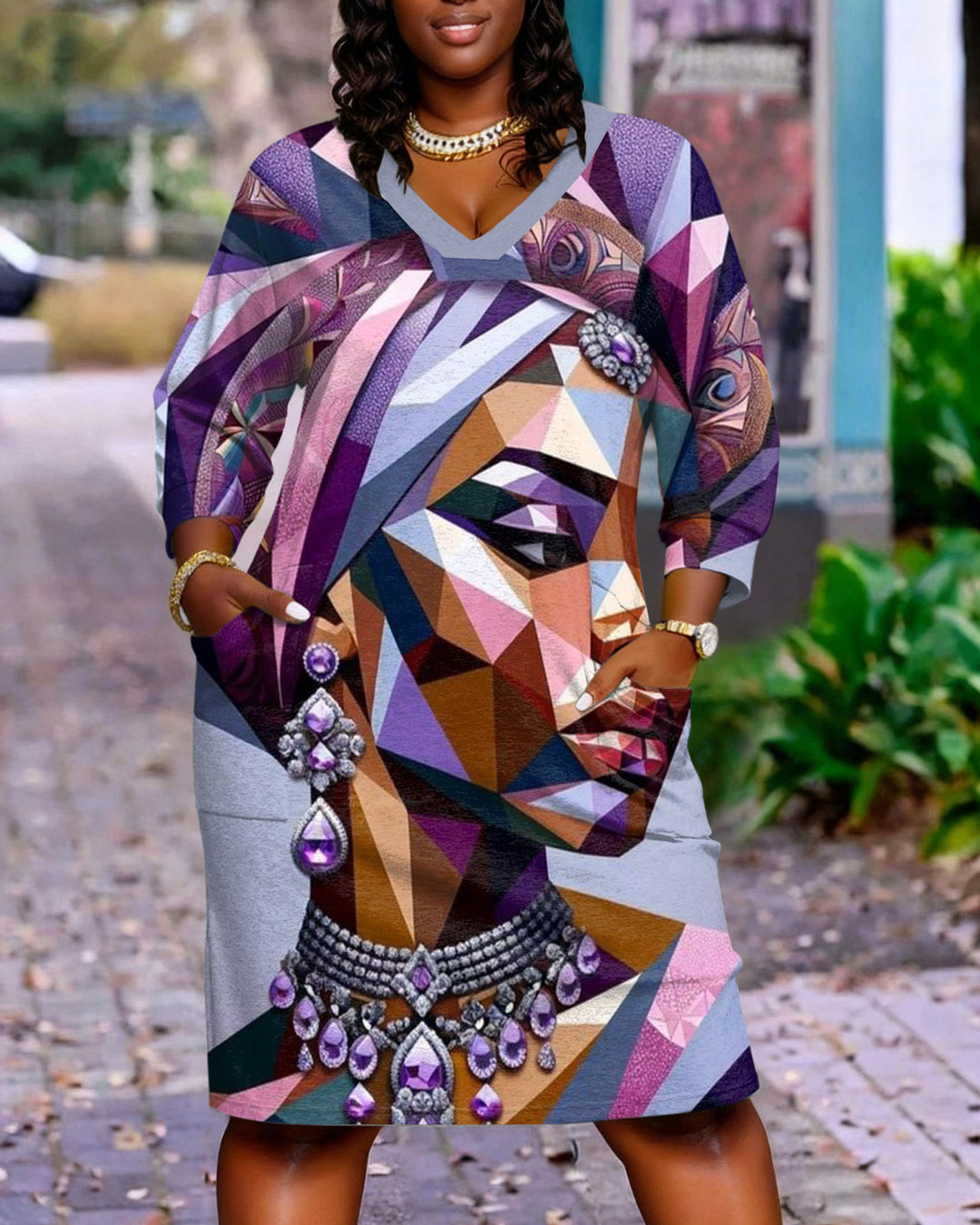 Cubist African Princess Painting Long Sleeve Casual V-neck Pocket Dress