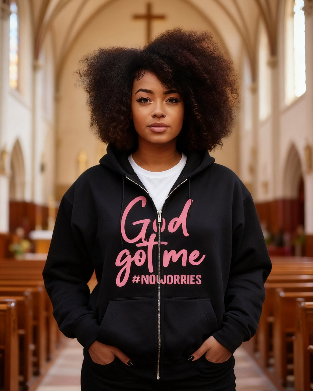 Woman God Got Me No Worries Casual Long Sleeve Zip-Up Hoodies