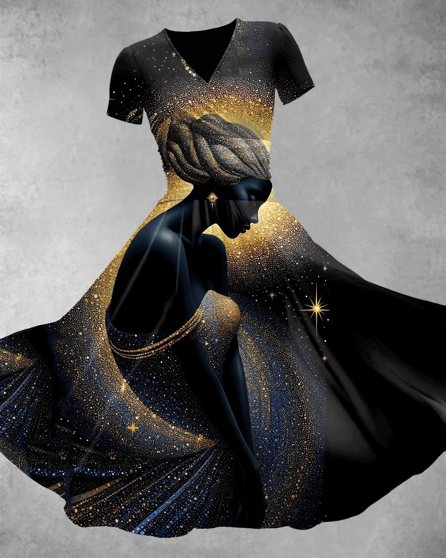 V Neck Black Girl Art Print Maxi Dress
