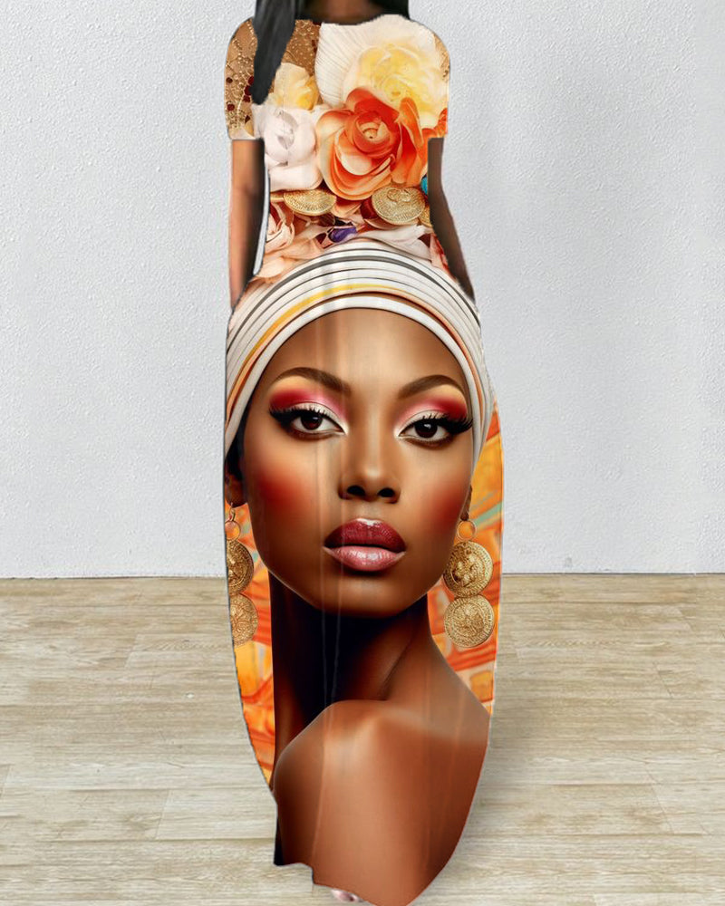 Floral Black Girl Art Print Short Sleeve Long Dress