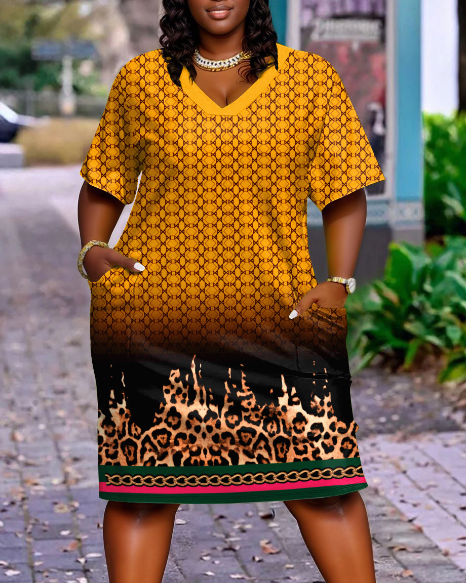 Leopard Geometric Gradient Casual V-neck Pocket Dress
