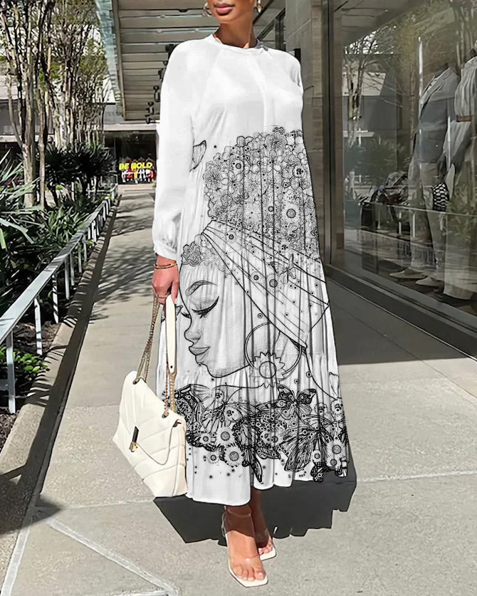 Flower Afro Girl Long Sleeve Casual Dress