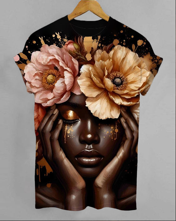 Black Woman with Floral Headdress Crew Neck Short Sleeve T-Shirt